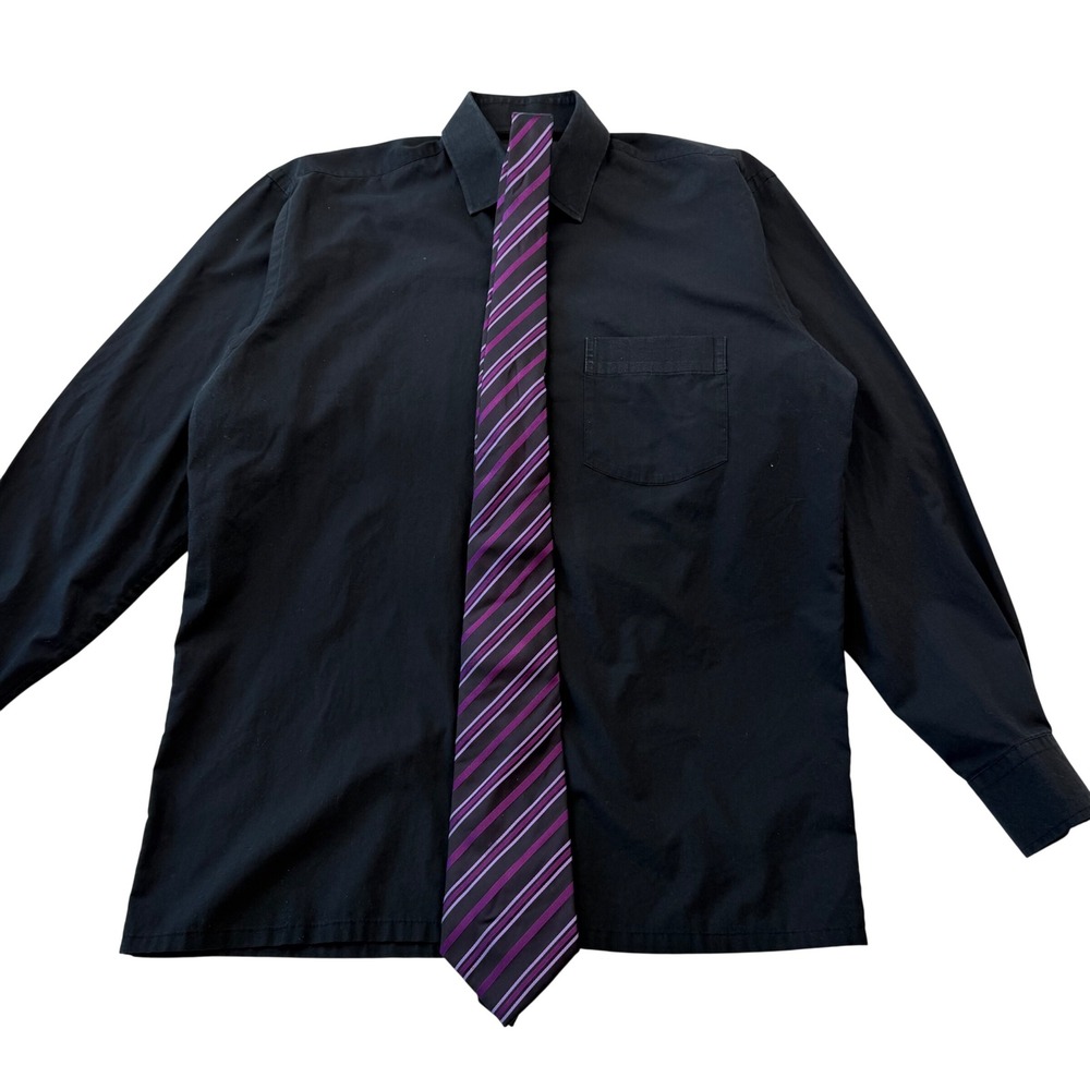 Check Up Black Button Down Shirt Purple‎ Striped Tie Luxury Cotton Goth Size 39